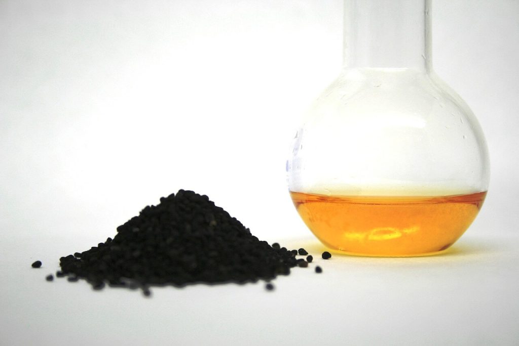 Sunnah Foods & Their Modern Health Benefits 4 A bottle of black seed oil with scattered Nigella Sativa seeds around it