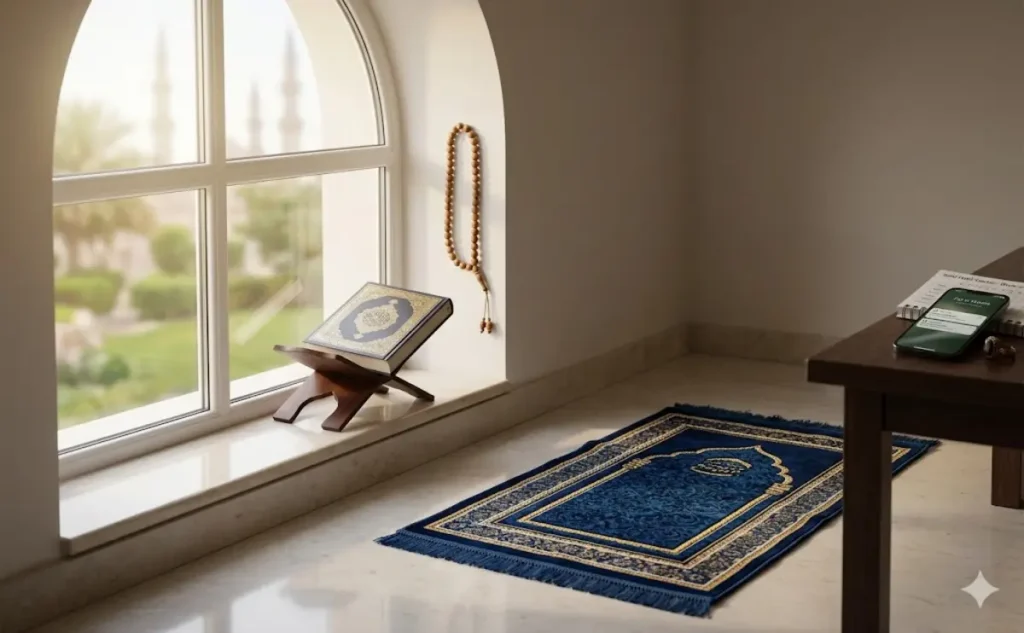 A peaceful prayer corner with a prayer mat, Quran, and tasbih near a window to help build a salat habit
