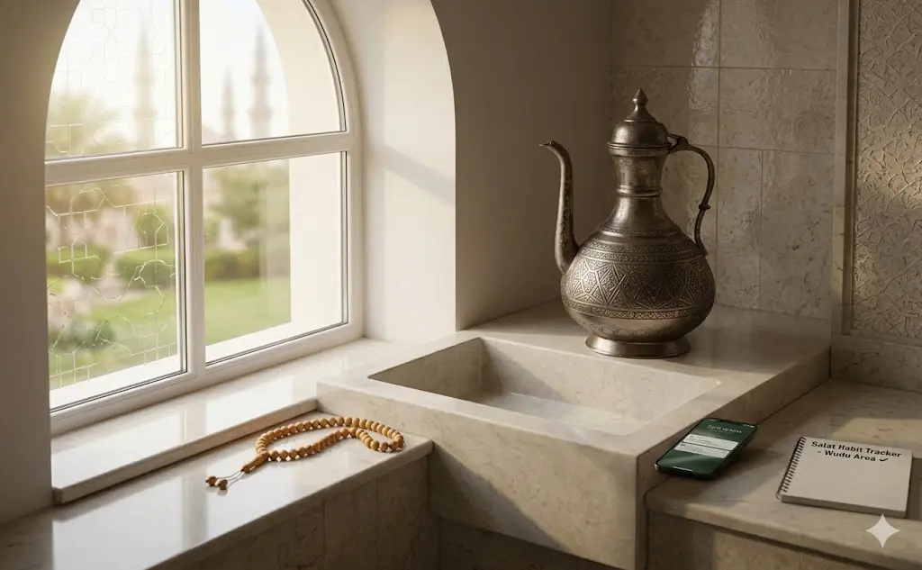 How to Build a Salat Habit: 7 Steps to Never Miss Prayer 3 A peaceful wudu purification area with an ornate metal vessel and a clean tasbih near an arched window
