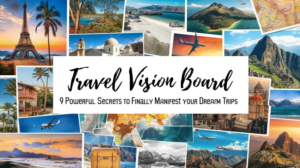 Aesthetic travel vision board featuring dreamy destinations, airplanes, suitcases, maps, and wanderlust travel inspiration collage