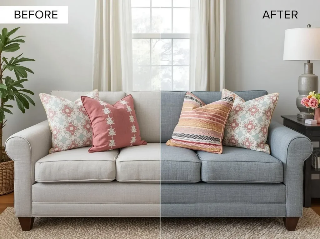before and after sofa makeover with cute funky throw pillow ideas decoration
