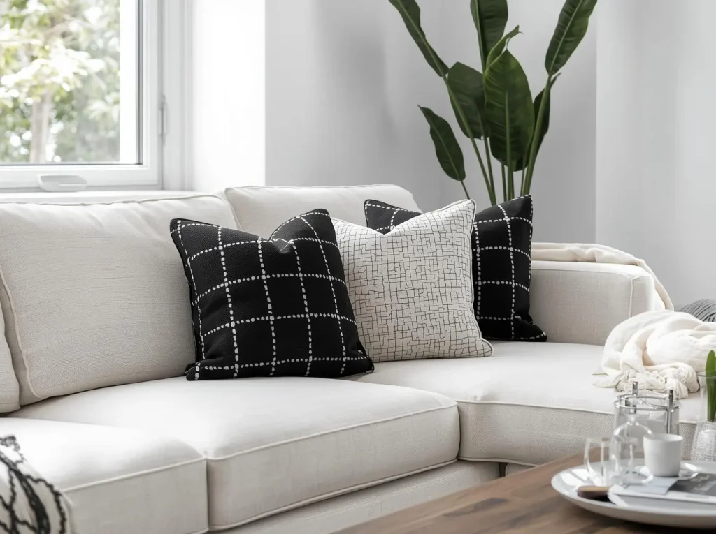 black and white minimalist cute funky throw pillow ideas on modern sofa decor