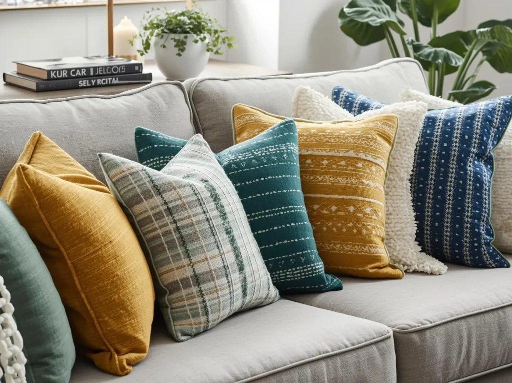 colorful cute funky throw pillow ideas on couch boho style home decor